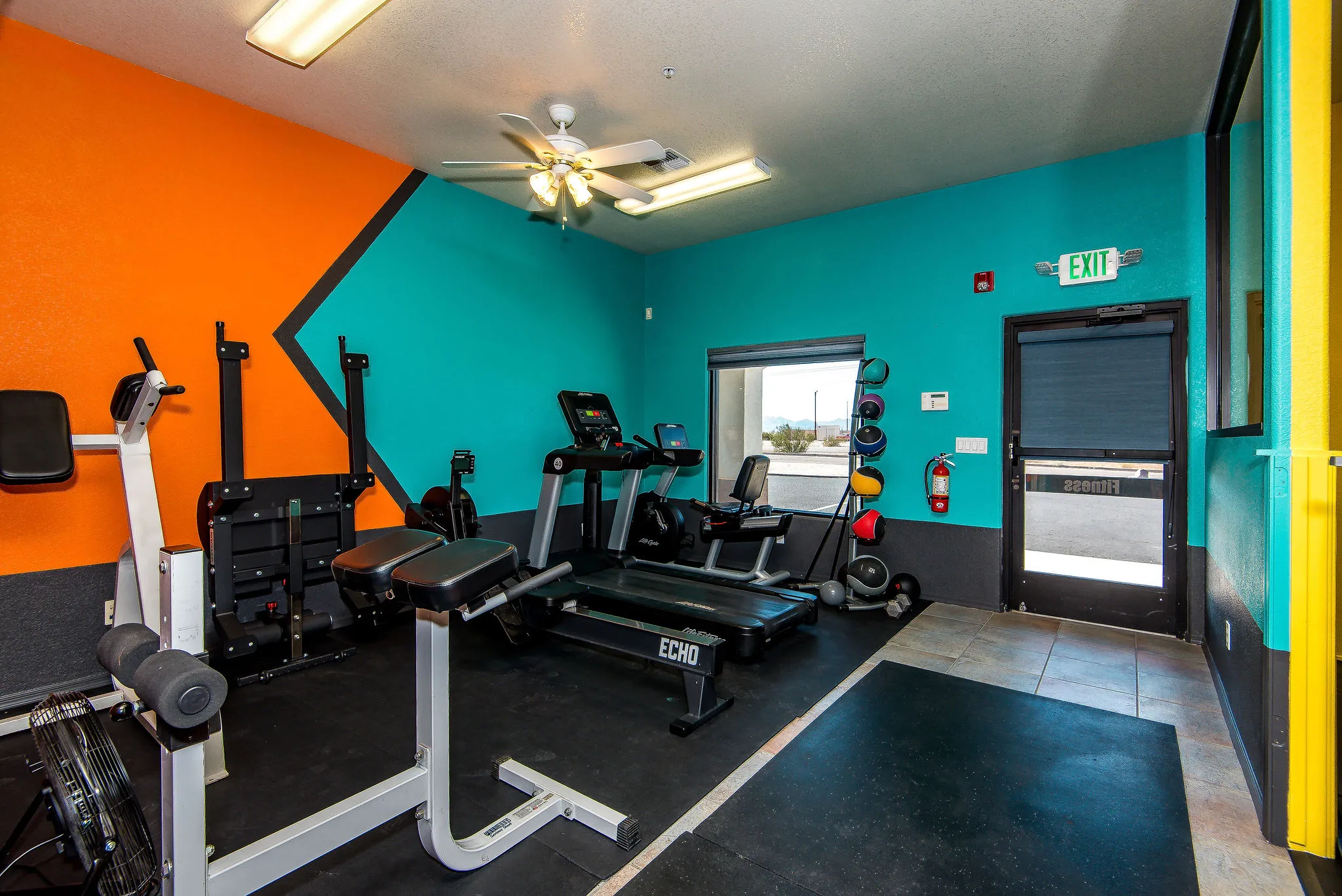 Studio view with yoga mats and natural light